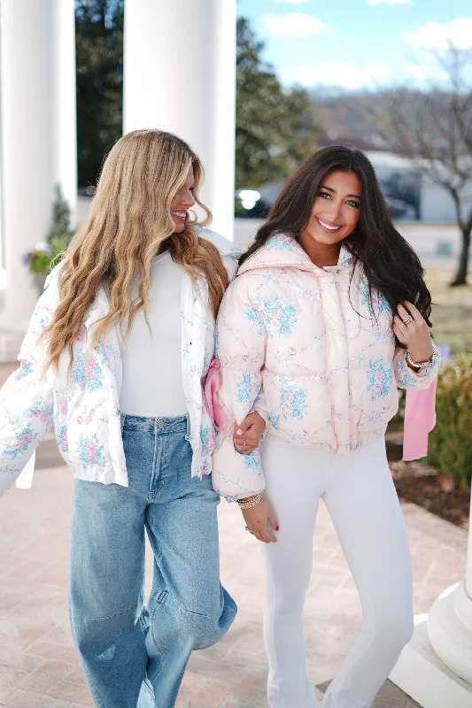 Pretty In Floral Puffer Jacket Nylon Jacket Polyester Jacket Spandex Jacket