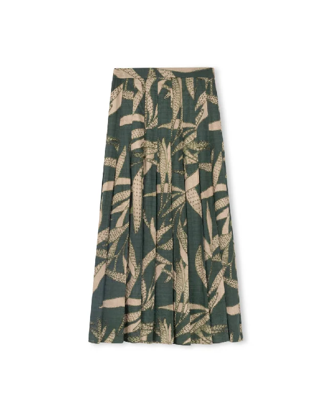 Printed Box Pleat Maxi Skirt button skirt front