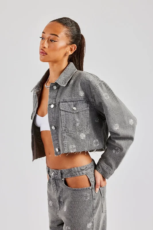 Rhinestone Motif Relaxed Denim Jacket - Washed Grey Front Pockets Side Pockets Patch Pockets Rhinestone Motif Relaxed Denim Jacket - Washed Grey Front Pockets Side Pockets Patch Pockets