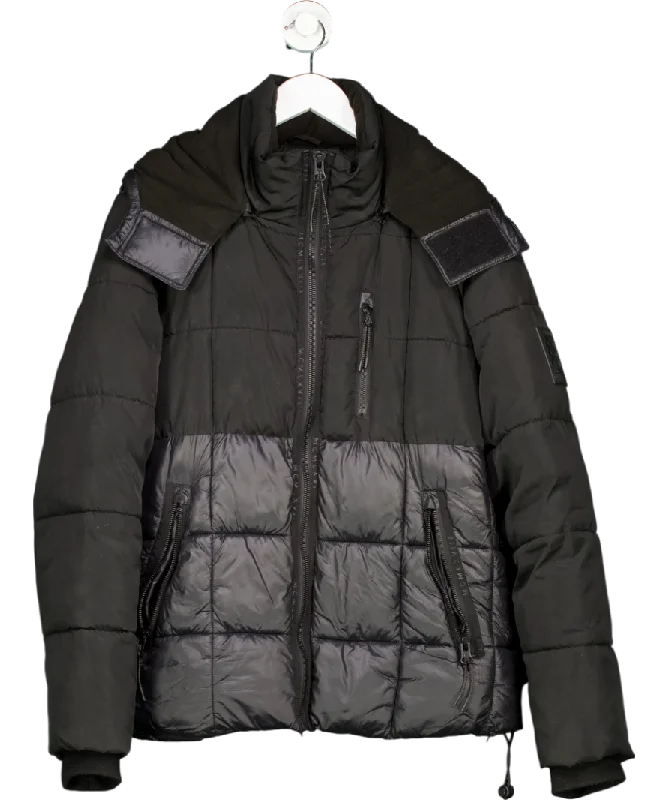 River Island Black Puffer Jacket With Fleece Lined Hood UK M Front Pockets Side Pockets Patch Pockets River Island Black Puffer Jacket With Fleece Lined Hood UK M Front Pockets Side Pockets Patch Pockets