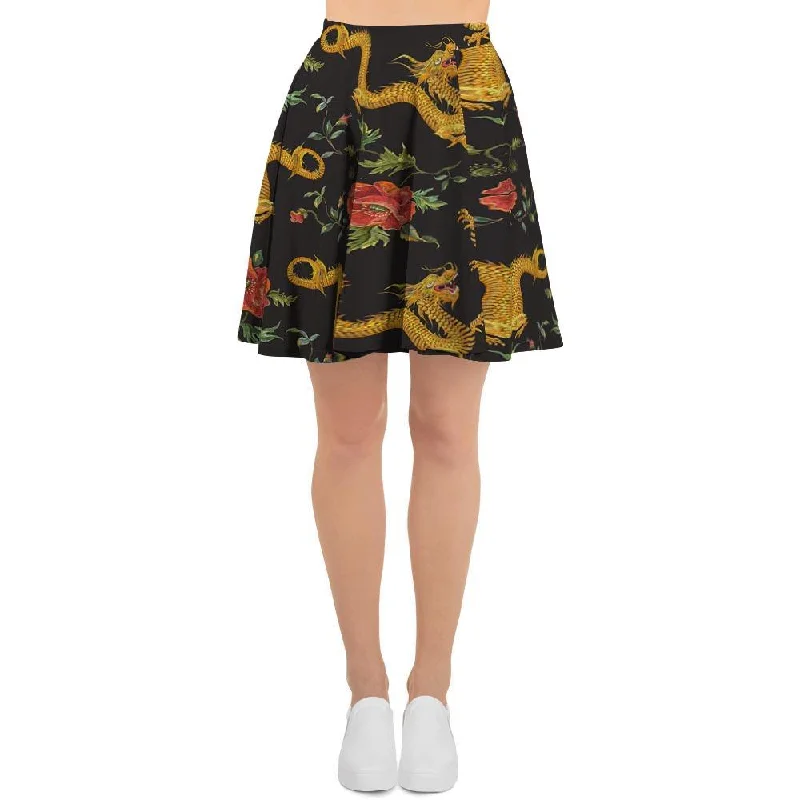 Rose Floral Golden Dragon Print Women's Skirt relaxed fit skirt