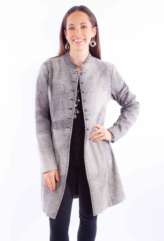 Scully Womens 3/4 Length Studs Grey Leather Leather Jacket XL A-Line Jacket Boat Neck Shawl Collar Scully Womens 3/4 Length Studs Grey Leather Leather Jacket XL A-Line Jacket Boat Neck Shawl Collar