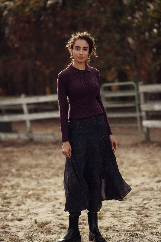Seamed Pleated Skirt-Brushed Floral velvet skirt glossy