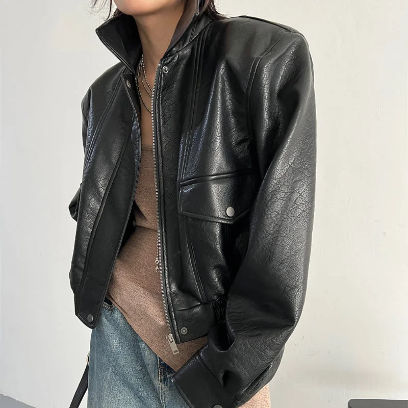 Short Vintage Leather Jacket Welt Pockets Slit Pockets Flap Pockets