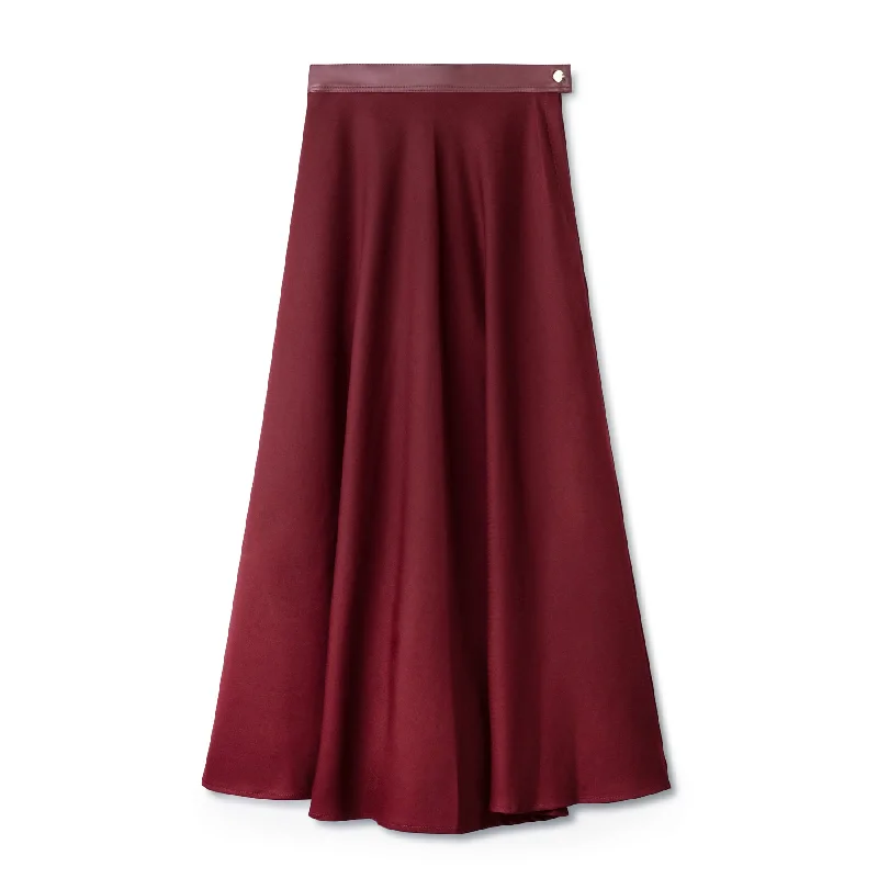 Signature Circle Skirt with Leather Waist Band IN: Burgundy chiffon skirt airy