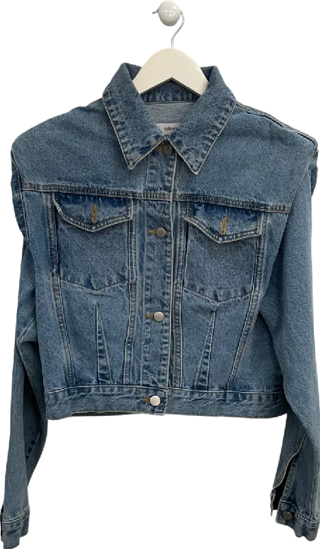 storets Blue Padded Shoulder Denim Jacket UK S/M Trench Coat Raincoat Waterproof Jacket storets Blue Padded Shoulder Denim Jacket UK S/M Trench Coat Raincoat Waterproof Jacket