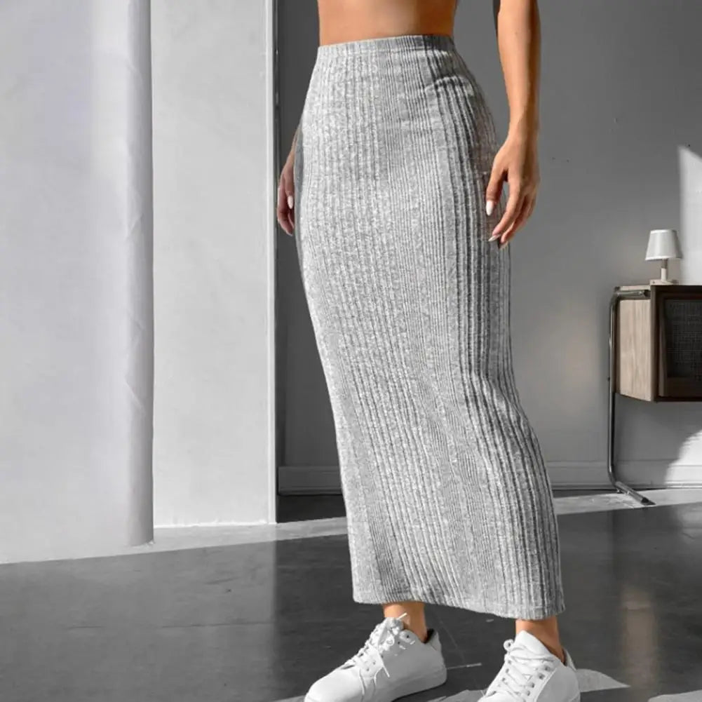 Striped Warm Slim-fit Sheath Skirt Bottom for Fall, High Waist, Maxi Length leather skirt sleek