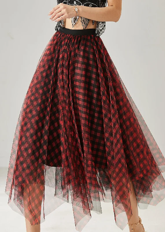 Style Red Asymmetrical Plaid Tulle Skirt Summer corduroy skirt cozy
