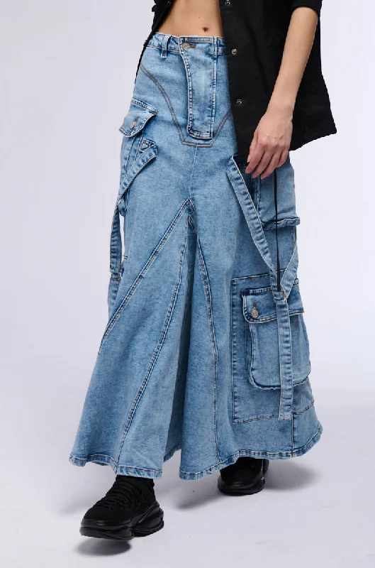 SOLANGE CARGO DENIM MAXI SKIRT leather skirt bold
