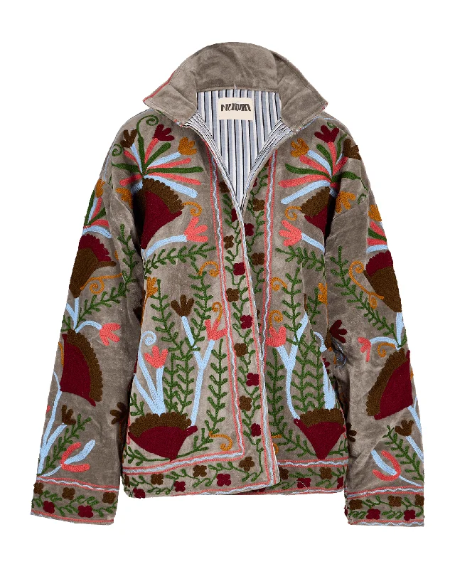 Velvet Suzani Collar Jacket Front Pockets Side Pockets Patch Pockets