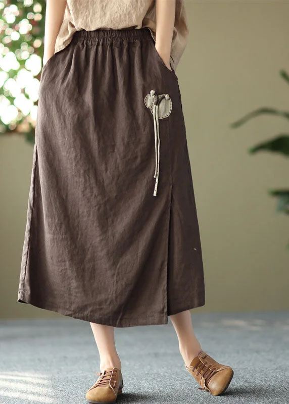 Vintage Chocolate Elastic Waist Side Open Linen A Line Skirts Summer leather skirt sleek