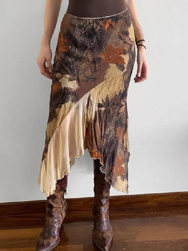 Wasteland Style Botanical Floral Print Maxi Skirts elastic waist skirt