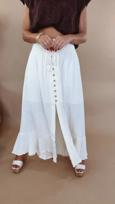 Whispering Willow Button Maxi Skirt, Cream wrap skirt elegant