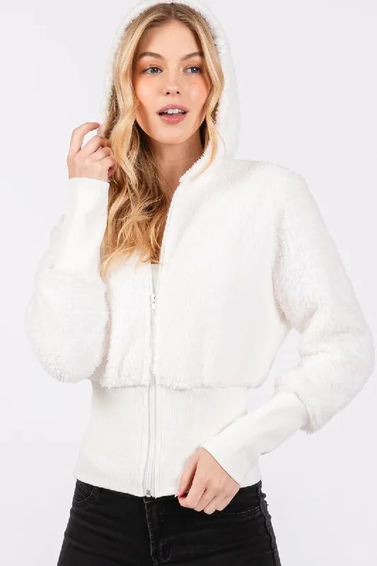 WHITE FAUX TERRY FUR ZIP UP BOMBER HOODIE JACKET SOIN2058T Ribbed Jacket Pleated Jacket Ruffled Jacket WHITE FAUX TERRY FUR ZIP UP BOMBER HOODIE JACKET SOIN2058T Ribbed Jacket Pleated Jacket Ruffled Jacket