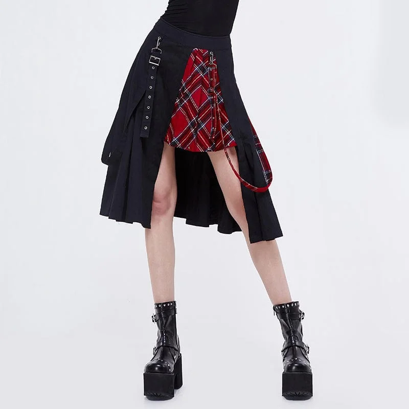 Women's Gothic Side Slit Red Plaid Skirt with Strap lace skirt romantic