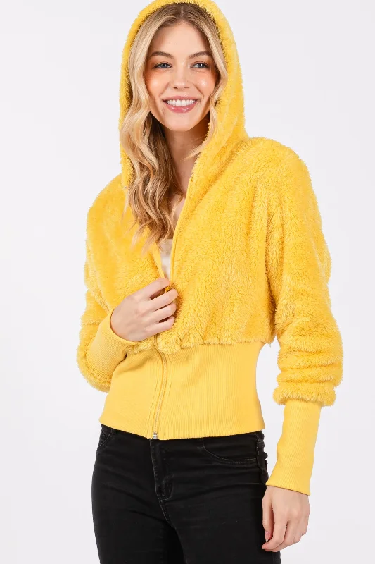 YELLOW FAUX TERRY FUR ZIP UP BOMBER HOODIE JACKET SOIN2058T Faux Fur Jacket Real Fur Jacket Shearling Jacket YELLOW FAUX TERRY FUR ZIP UP BOMBER HOODIE JACKET SOIN2058T Faux Fur Jacket Real Fur Jacket Shearling Jacket