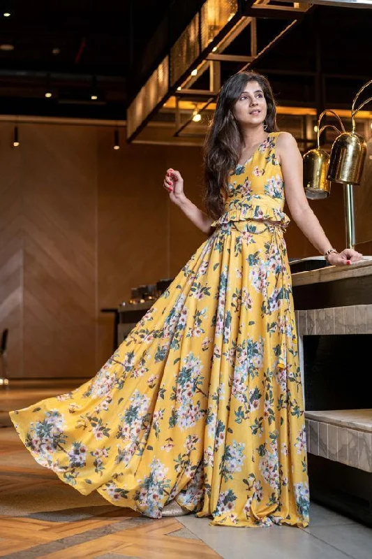 Women's Yellow Floral Affair Ruffle Top With Skirt - Label Shaurya Sanadhya spandex blend skirt