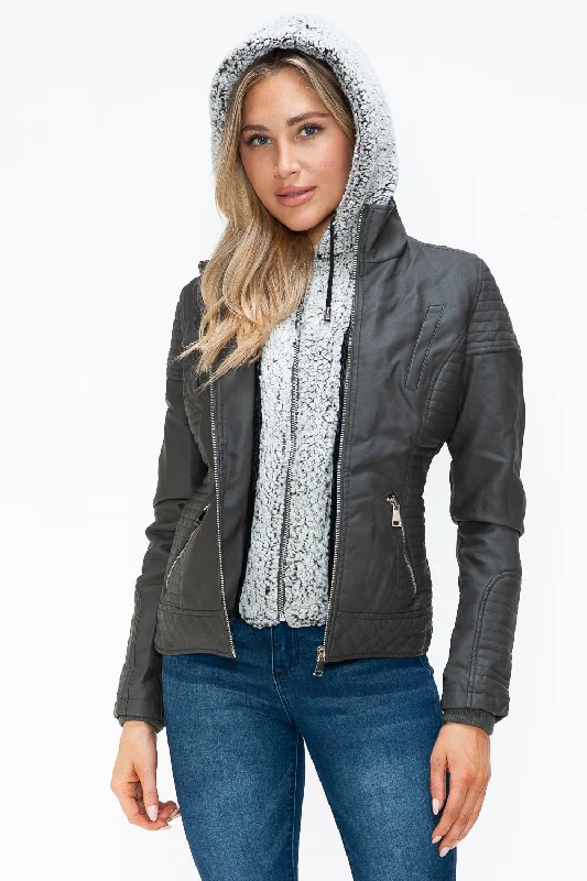 Faux Layered Double-Zipper Jacket with Fuzzy Hood Chenille Fabric Brocade Fabric Lace Fabric Faux Layered Double-Zipper Jacket with Fuzzy Hood Chenille Fabric Brocade Fabric Lace Fabric