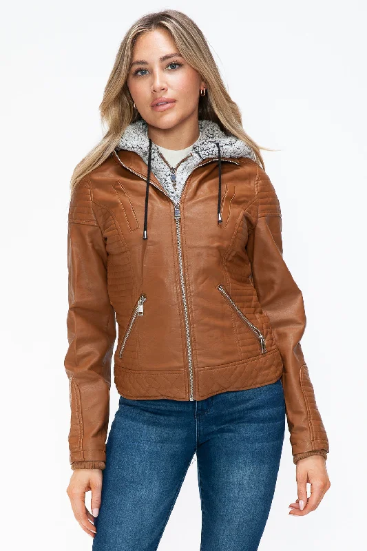Faux Layered Double-Zipper Jacket with Fuzzy Hood Notch Collar Jacket Peter Pan Collar Jacket Cowl Neck Jacket Faux Layered Double-Zipper Jacket with Fuzzy Hood Notch Collar Jacket Peter Pan Collar Jacket Cowl Neck Jacket