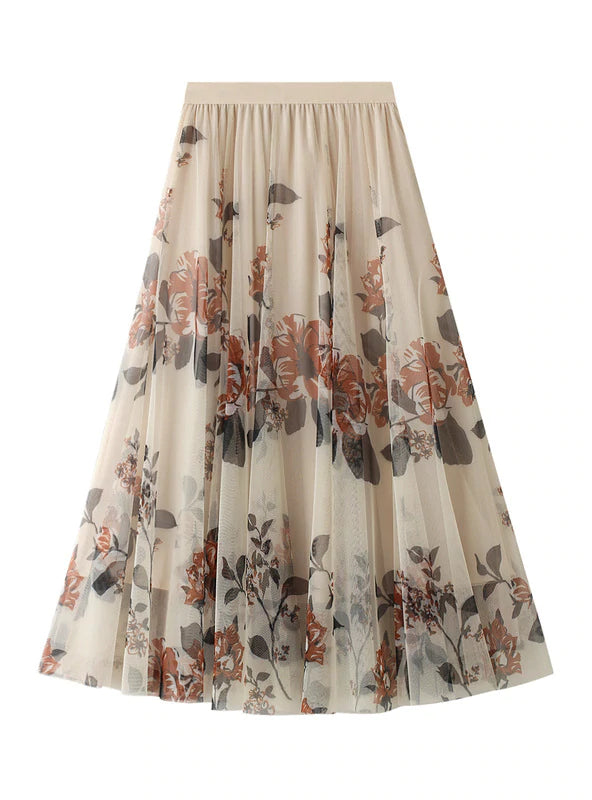 FLORAL PLEATED LONG GAUZE SKIRT cashmere skirt rich