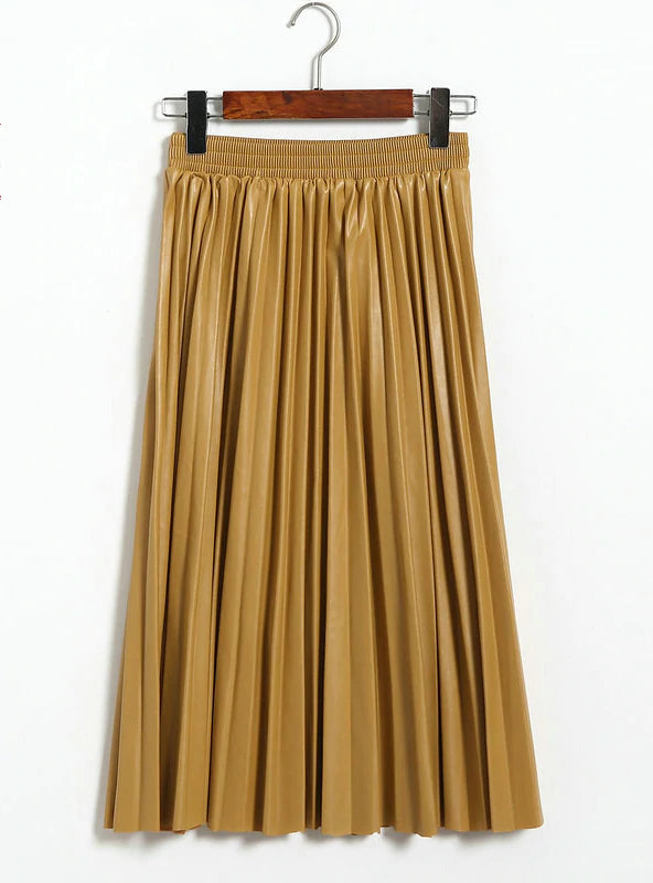 PU PLEATED LEATHER SKIRT ribbed skirt waist