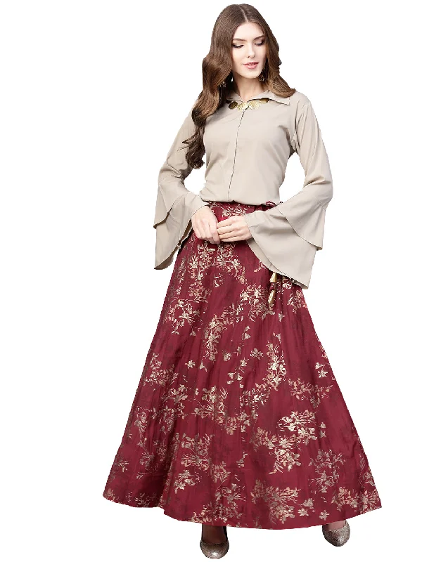 Ahalyaa Indowestern Beige & Maroon Shirt With Skirt Set slim fit skirt