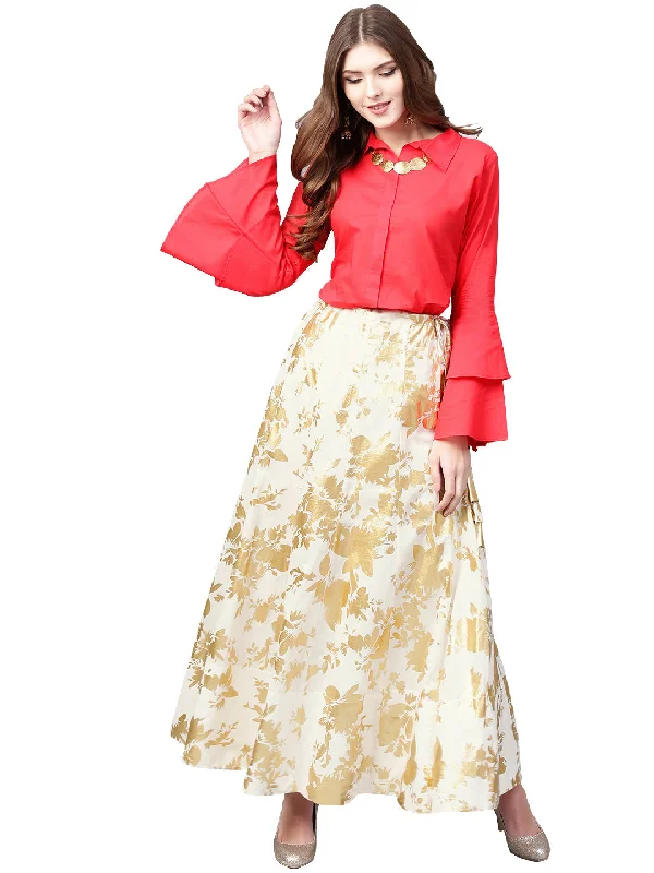 Ahalyaa Indowestern Red Shirt With Off White & Gold Skirt Set chiffon skirt delicate