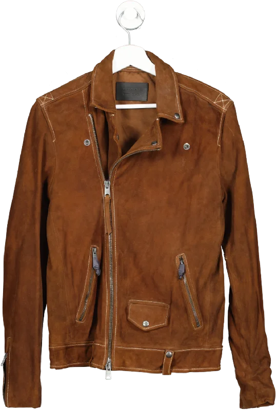 All Saints Men's Brown 'milo' Suede Jacket UK XS Herringbone Jacket Houndstooth Jacket Plaid Jacket