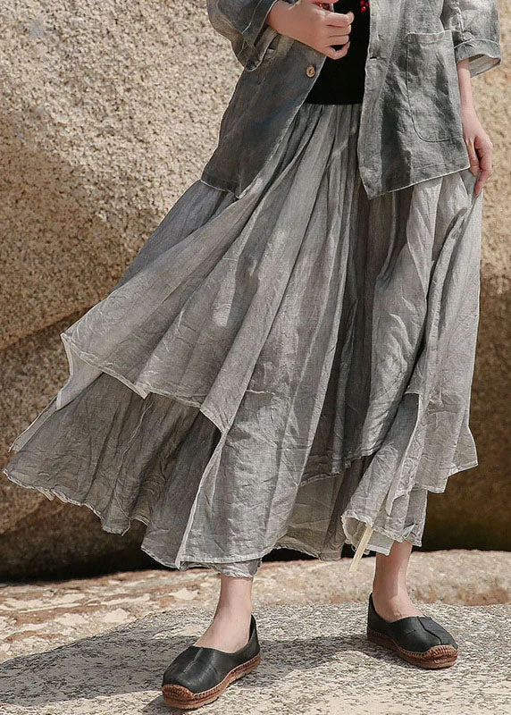 Art Grey Asymmetrical Pockets Cotton Skirt Spring silk skirt smooth