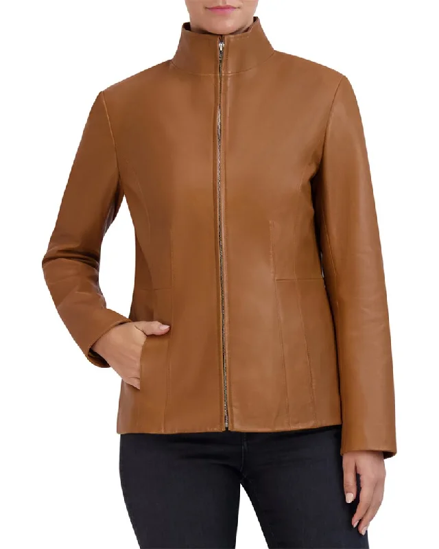 Cole Haan Smooth Leather Wing Collar Jacket Tailored Jacket Straight Jacket A-Line Jacket