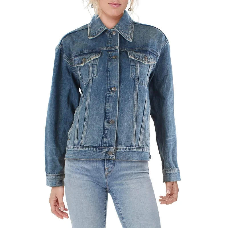 Womens Light Wash Midi Denim Jacket Welt Pockets Slit Pockets Flap Pockets