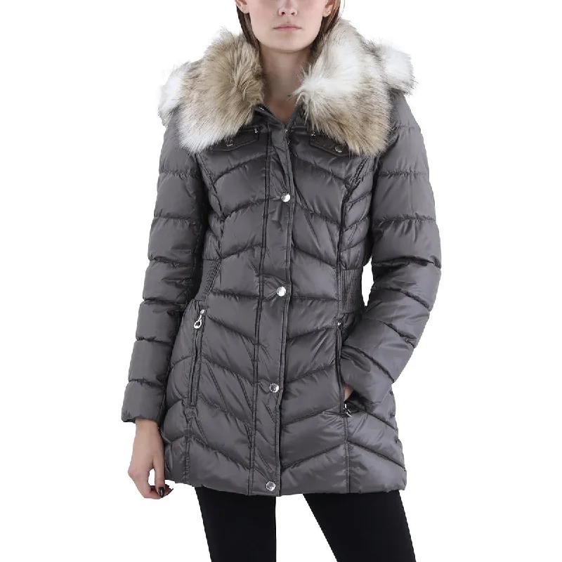 Petites Womens Faux Fur Trim Hooded Puffer Jacket Plaid Jacket Tartan Jacket Houndstooth Jacket