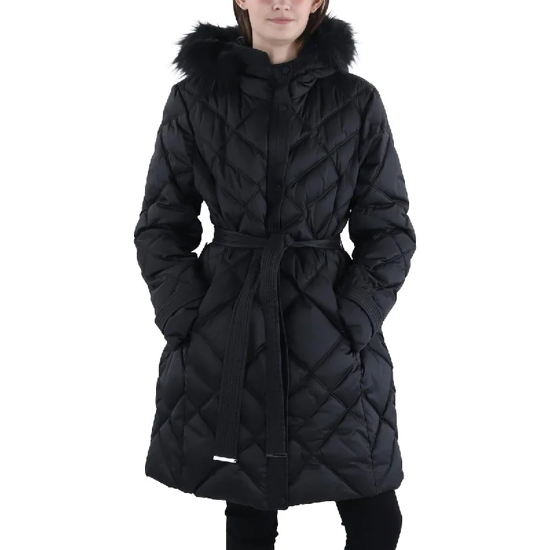 Womens Faux Fur Trim Hooded Puffer Jacket One-Shoulder Jacket Off-the-Shoulder Jacket Asymmetrical Jacket