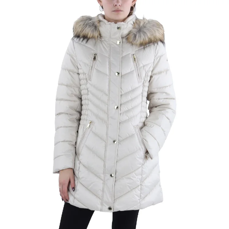 Womens Faux Fur Trim Hooded Puffer Jacket Front Pockets Side Pockets Patch Pockets