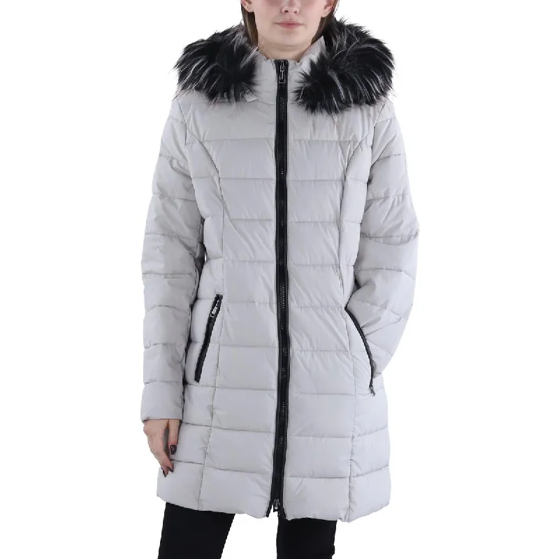 Womens Faux Fur Trim Hooded Puffer Jacket A-Line Jacket Boat Neck Shawl Collar