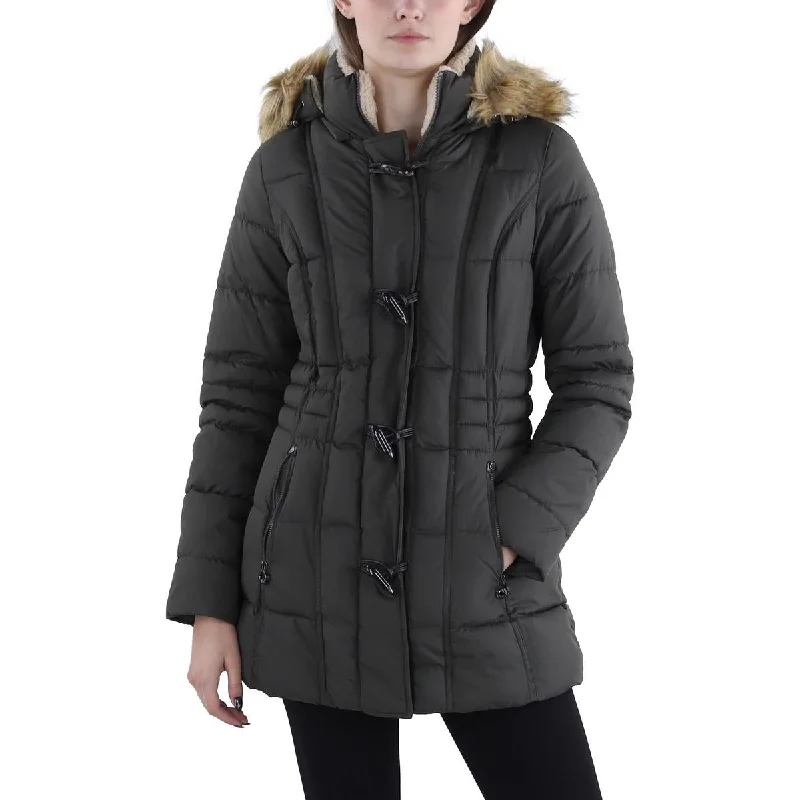 Womens Faux Fur Trim Hooded Puffer Jacket Ribbed Jacket Pleated Jacket Ruffled Jacket