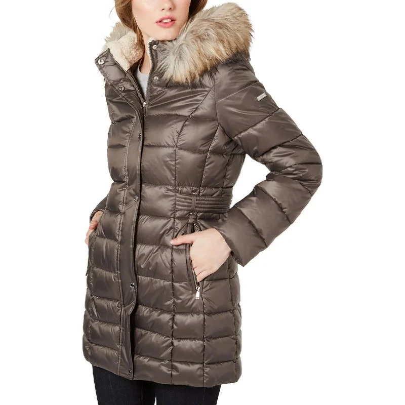 Womens Faux Fur Hooded Puffer Jacket Trench Coat Raincoat Waterproof Jacket