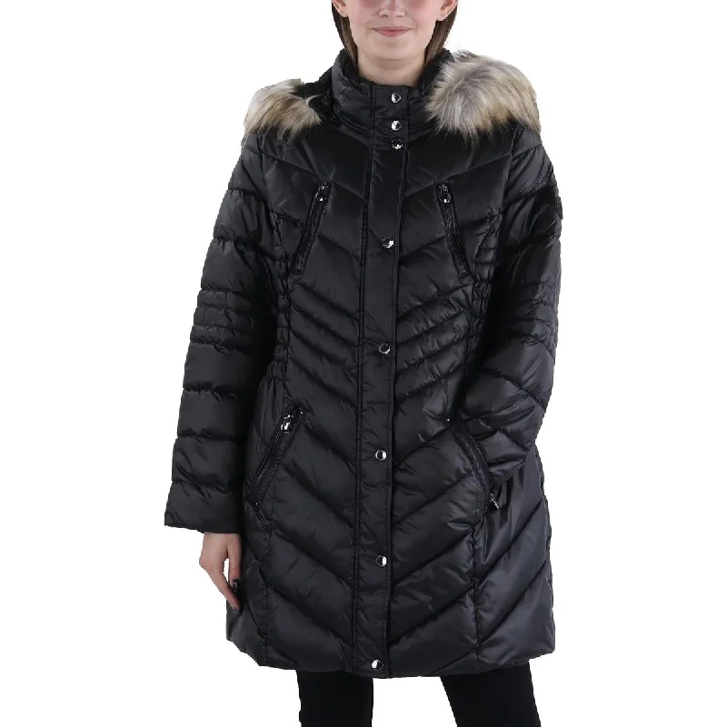 Plus Womens Faux Fur Trim Hooded Puffer Jacket Satin Fabric Silk Fabric Chiffon Fabric