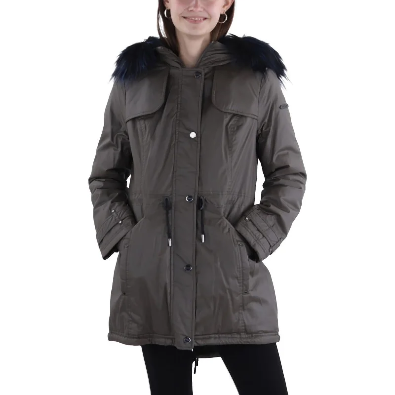 Womens Faux Fur Trim Hooded Anorak Jacket Boat Neck Shawl Collar Notched Collar