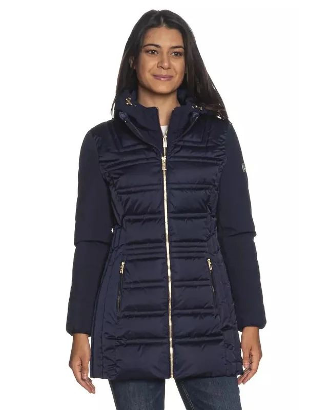 Yes Zee  Womens Navy Quilted Hooded Winter Jacket Print Jacket Jacquard Jacket Embroidered Jacket