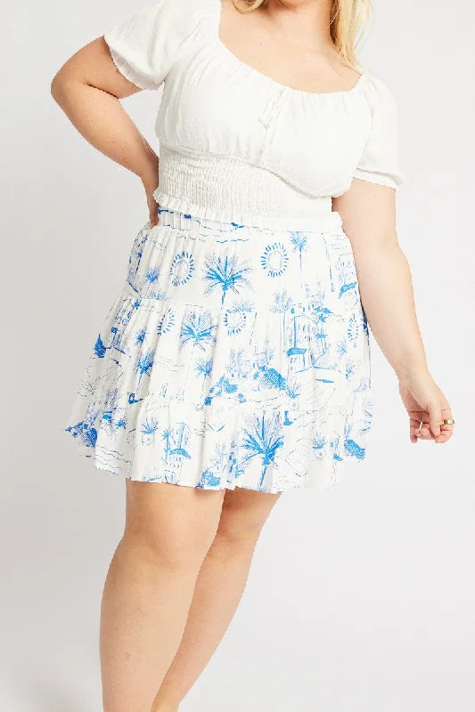 Blue Abstract Tiered Mini Skirt slim fit skirt