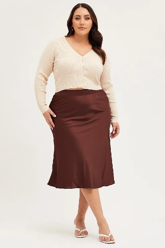 Brown Midi Satin Skirt Elastic Waist lace skirt intricate