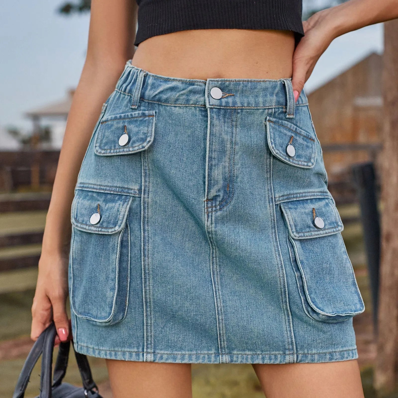 2024 Denim Skirt Street Tooling Style Flap Ribbon Details Workwear High Street Skirt button skirt front