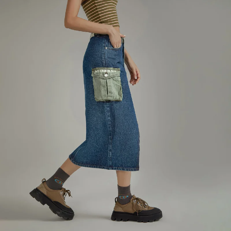 Pop Of Color Pocket Slit Long Denim Skirt belted skirt waist