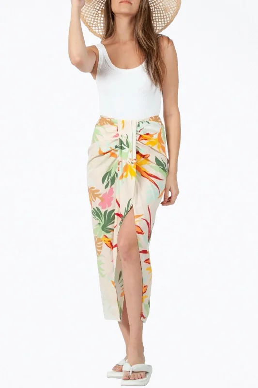 Floral-Print Gathered Sarong Skirt In White Tropical elastic waist skirt