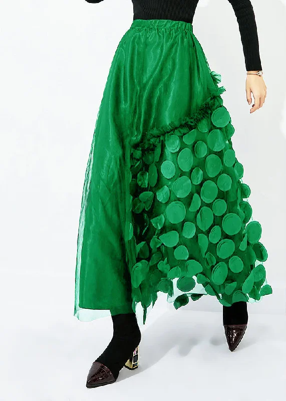 French Green Elastic Waist Patchwork Dot Tulle Vacation Skirts Spring high slit skirt