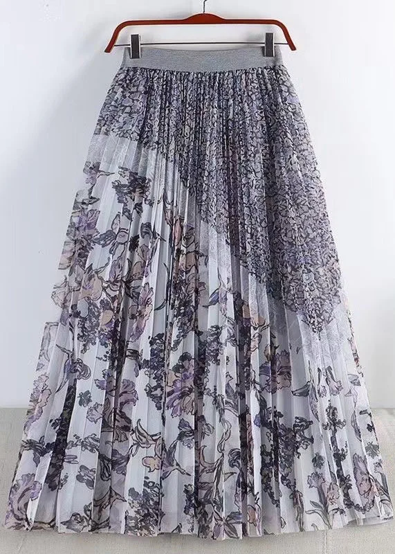 French Light Purple Print Elastic Waist Tulle Skirts Spring cashmere skirt soft