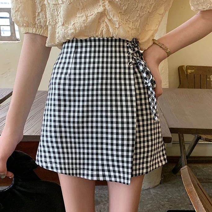 Gingham Asymmetrical Skirt (2 Colors) chiffon skirt flowing