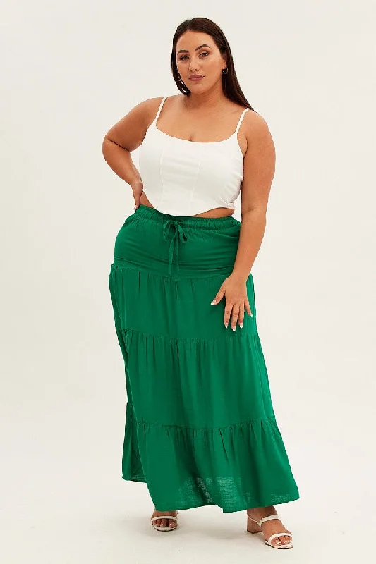 Green Maxi Skirt High Waist Tiered lightweight skirt design