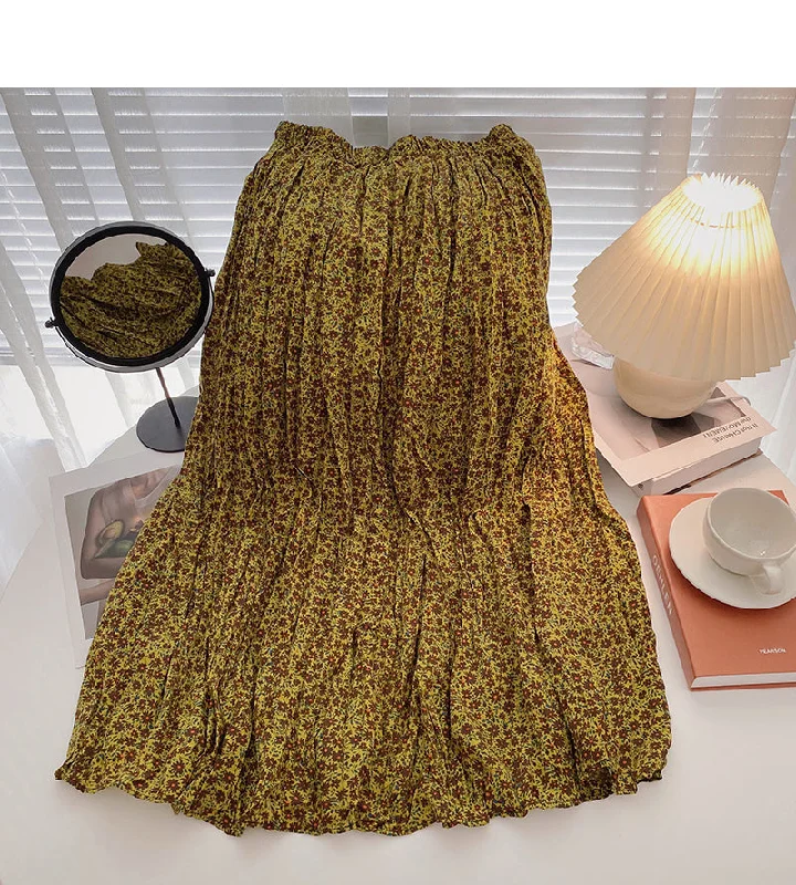 Hong Kong style retro floral high waist elastic A-shaped large swing skirt  5738 lace skirt romantic